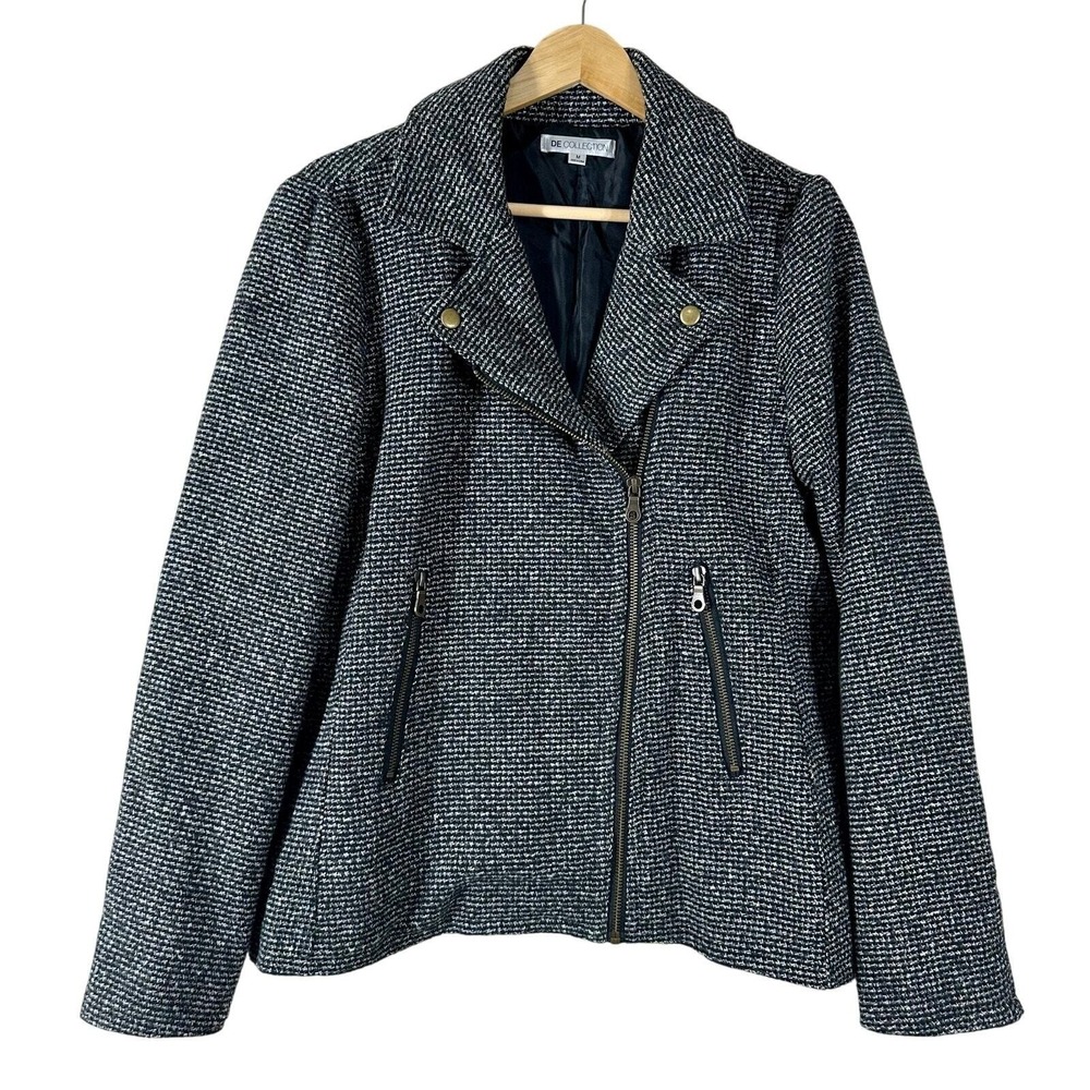 DE Collection‎ Womens Black White Textured Tweed Asymmetrical Moto Jacket Medium